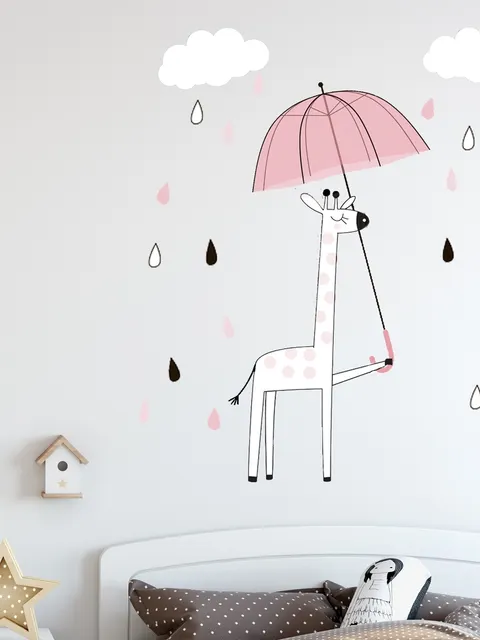 Stickers muraux girafe mignonne gouttes arc-en-ciel nuages enfants
