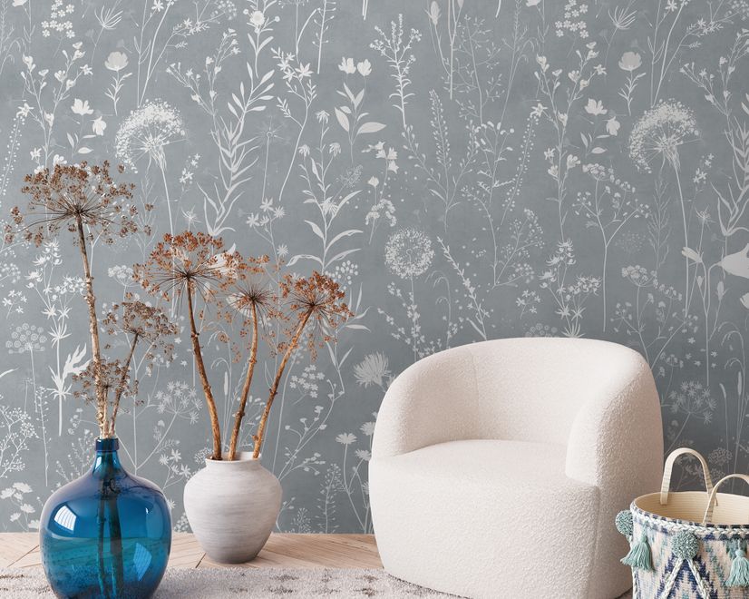 Bohemian Style Neutral Color Wild Flowers Art Wallpaper Mural