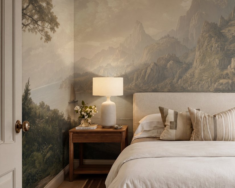 Landscape wallpaper mural with sepia coastal mountains, sailboat, beach figure and foreground tree