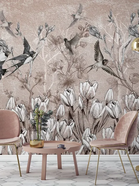Flying Birds on Flowers Wallpaper Mural