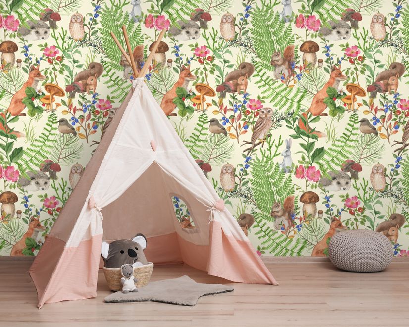 Watercolor Cute Kids Forest Animals in Forest Wallpaper Mural