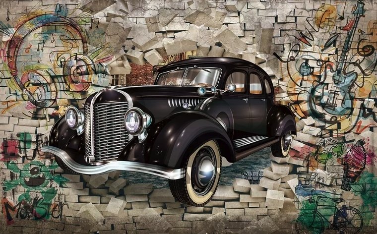Papier peint panoramique rétro avec voiture classique et graffiti
