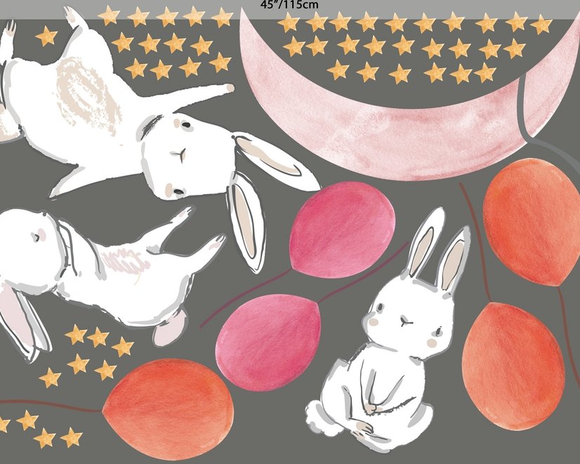 Kids Cartoon Rabbits with Colorful Balloons and Moon Wall Decal Sticker