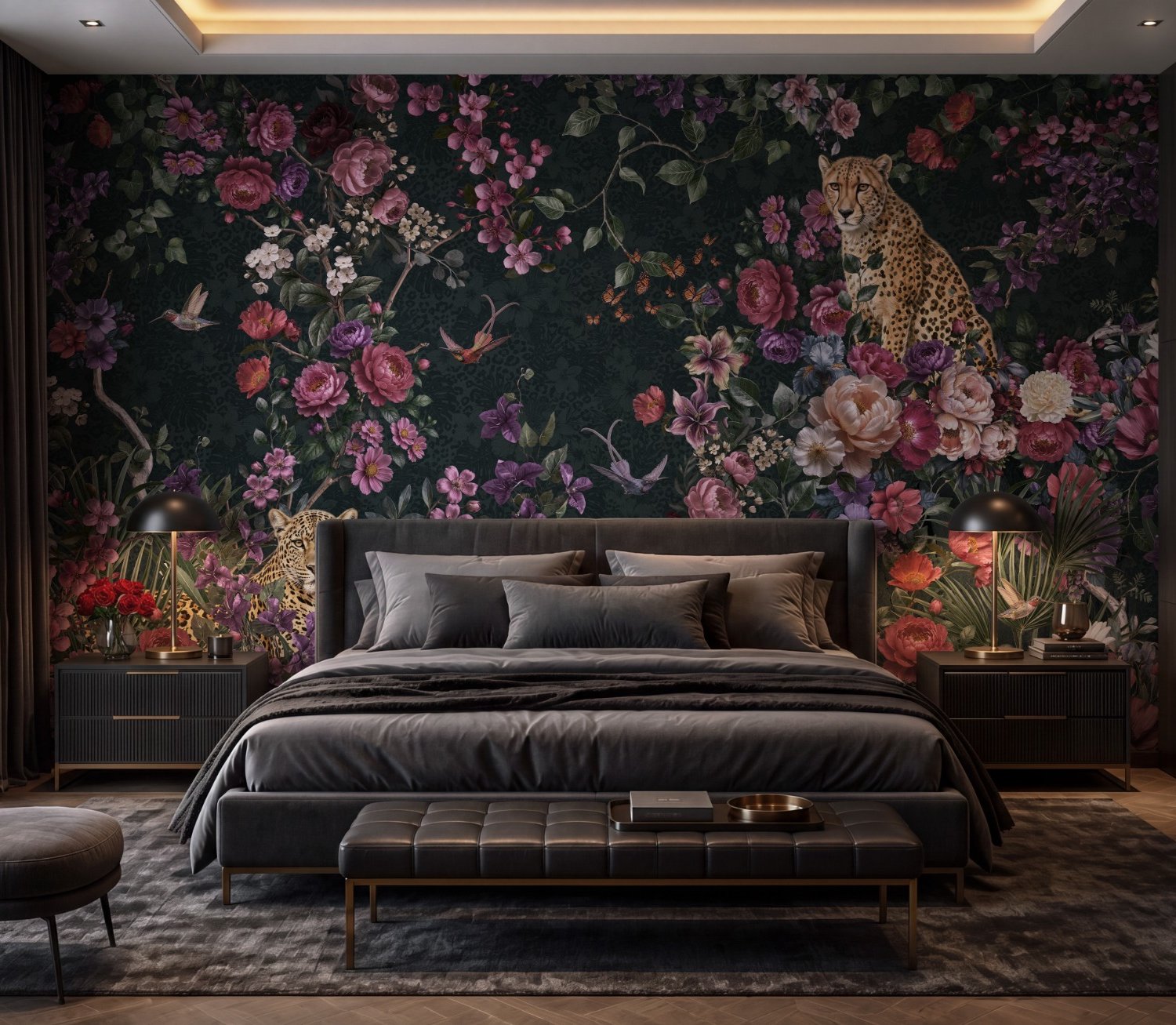 Dark Leopard Floral Garden Botanical Wallpaper Mural - Peel and Stick