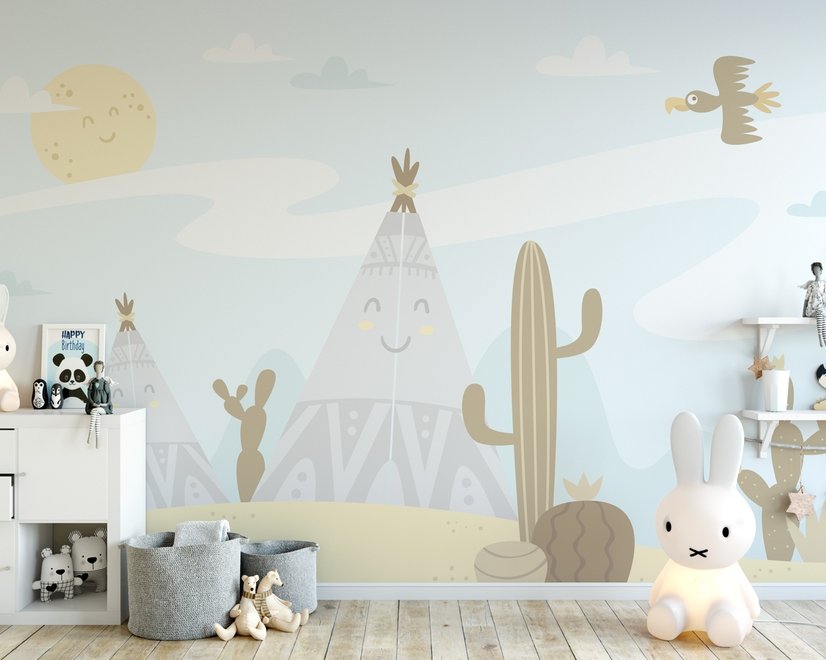 Papier peint panoramique paysage de dessins animés avec soleil joyeux