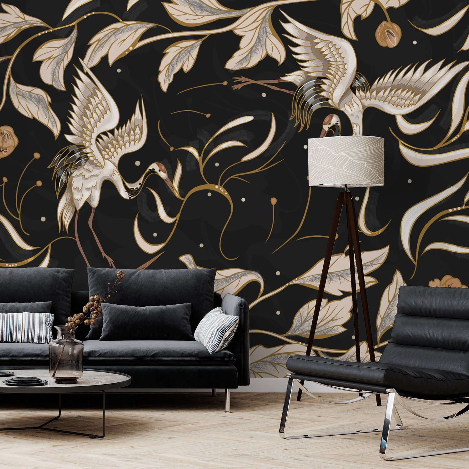 Dark Crane Birds and Brown Retro Florals Wallpaper Mural - Peel and Stick