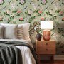 Celadon-sage chinoiserie wallpaper with blue-grey birds, tan branches, pink peonies and white orchids