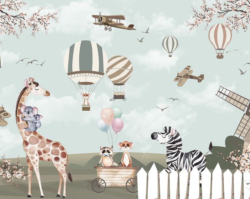 Kids Woodland Animals with Vintage Aircraft and Windmill Wallpaper Mural