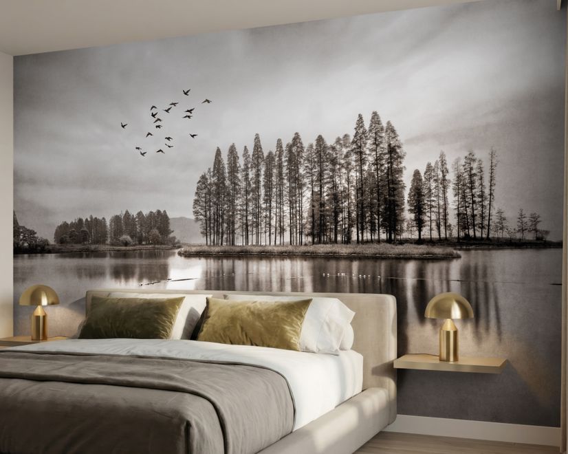 Monochrome Dark Forest and Lake Wallpaper Mural