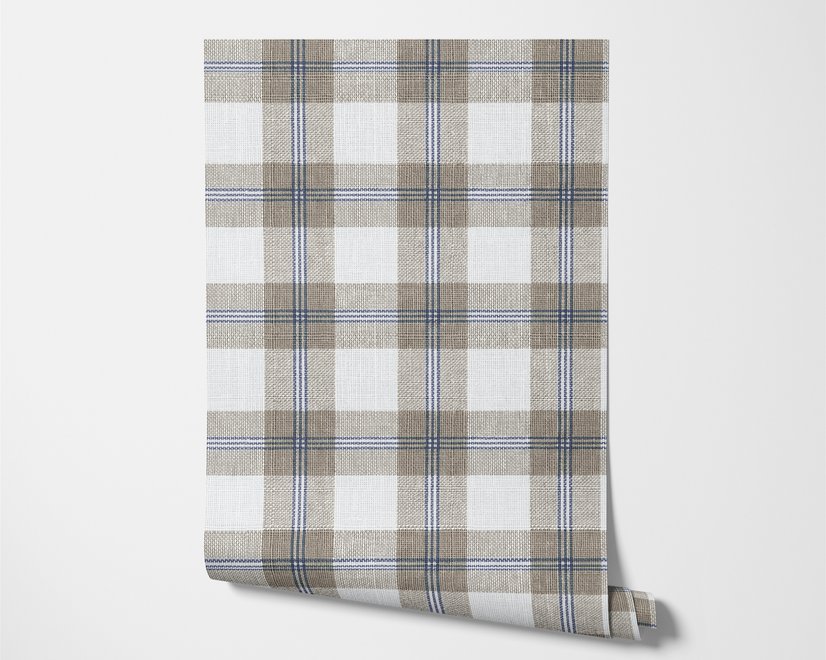 Beige, oat and cream-white plaid wallpaper with fine navy-blue stripes and printed linen texture