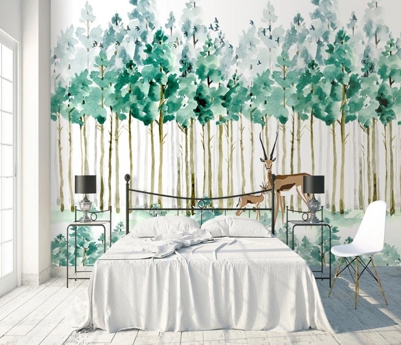 Watercolor Green Forest with Elk Wallpaper Mural - Peel and Stick