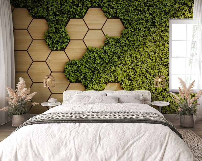 Hexagon Honeycomb Pattern and Fresh Grass Wallpaper Mural