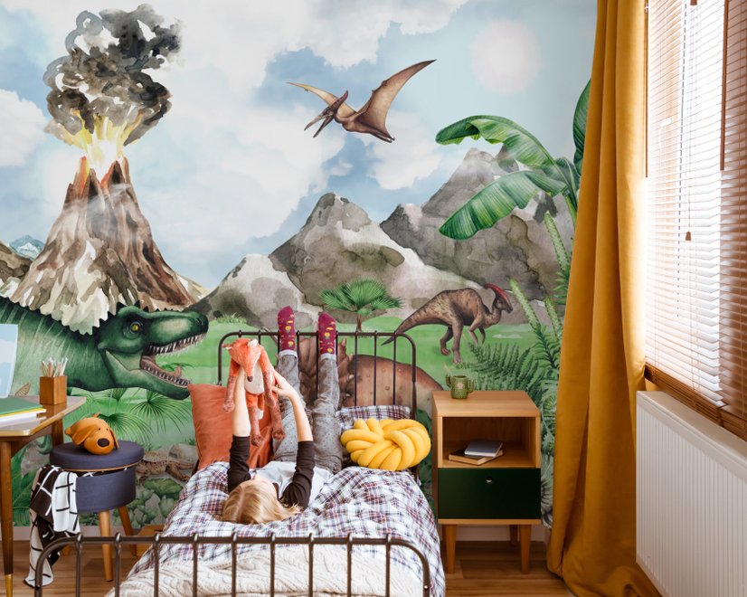 Papier peint dinosaure avec trex monde jurassique pour enfants