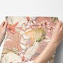 Pink tropical wallpaper with ivory fan palms, orchids, coral blossoms and sage foliage on dusty rose