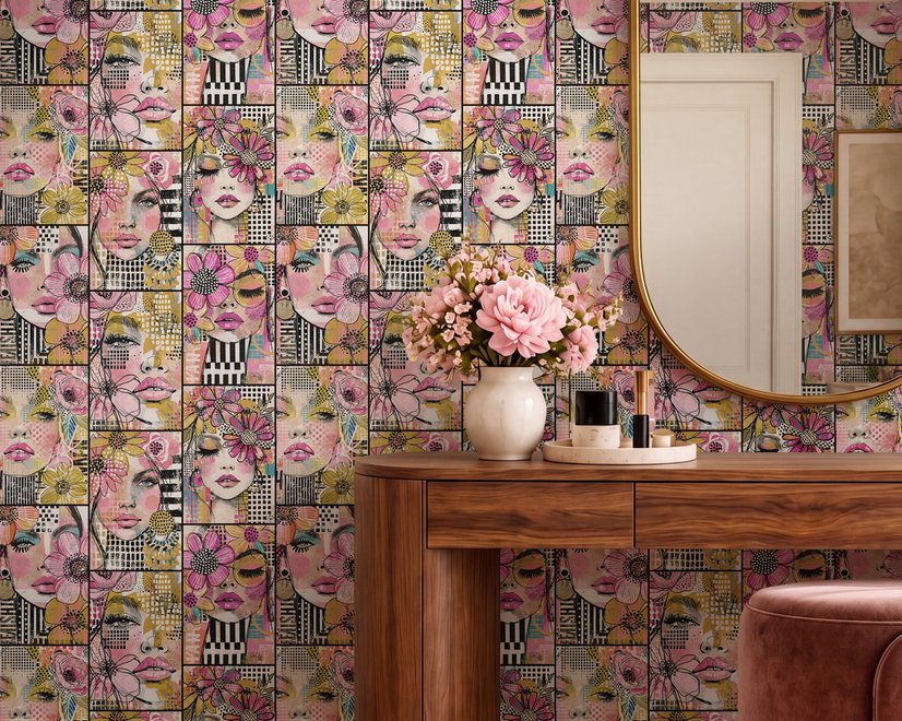 Bold wallpaper for powder room with pop art female faces, pink flowers, black comic panels, mustard, teal and fuchsia details