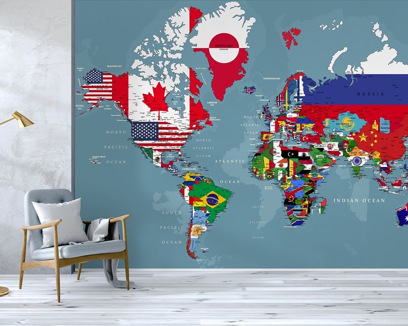 Country Flags on World Map Wallpaper Mural