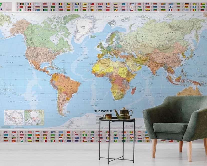 Political World Map and Country Flags Wallpaper Mural