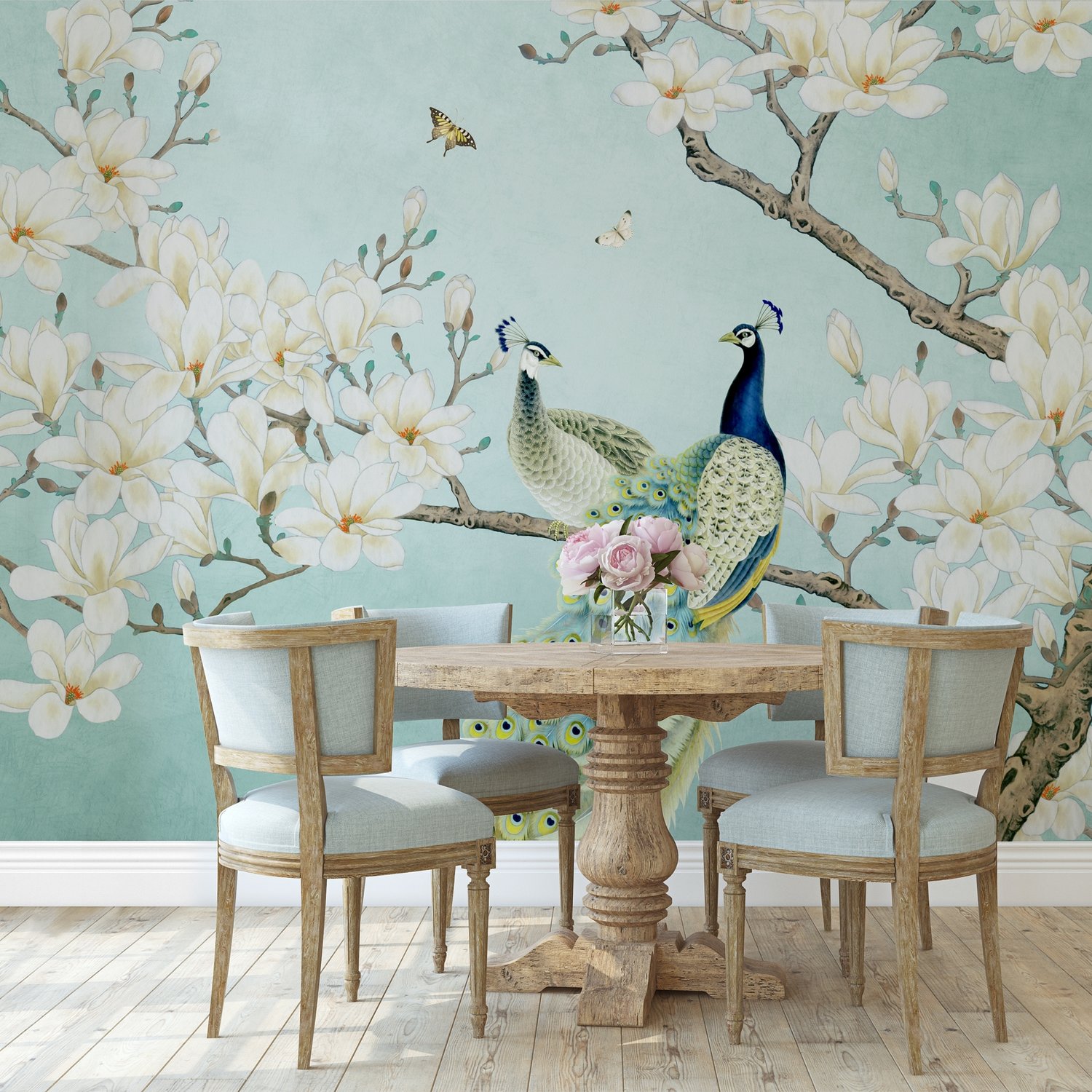 Peacock with Magnolia Blossom Wallpaper Mural - Peel and Stick