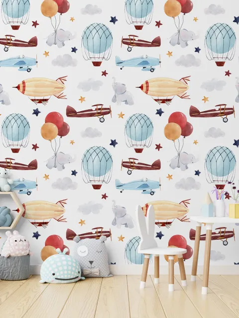Kids Vintage Hot Air Balloon and Aircraft Pattern Wallpaper Mural