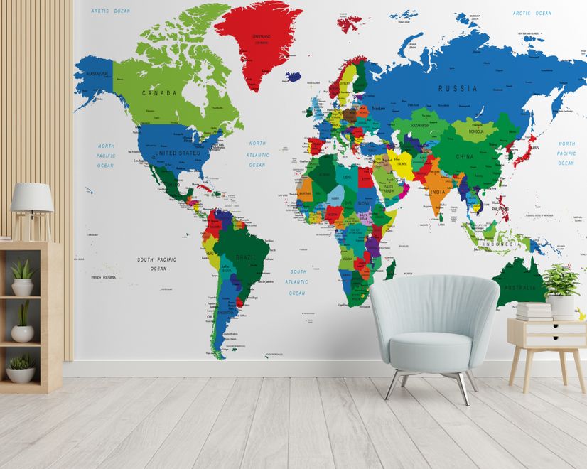 Kids Colorful Political World Map Wallpaper Mural