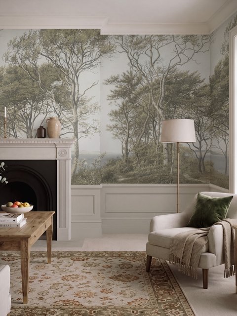 Tree wallpaper forest mural with olive coastal woodland, bare branches, shoreline path and small sailboats