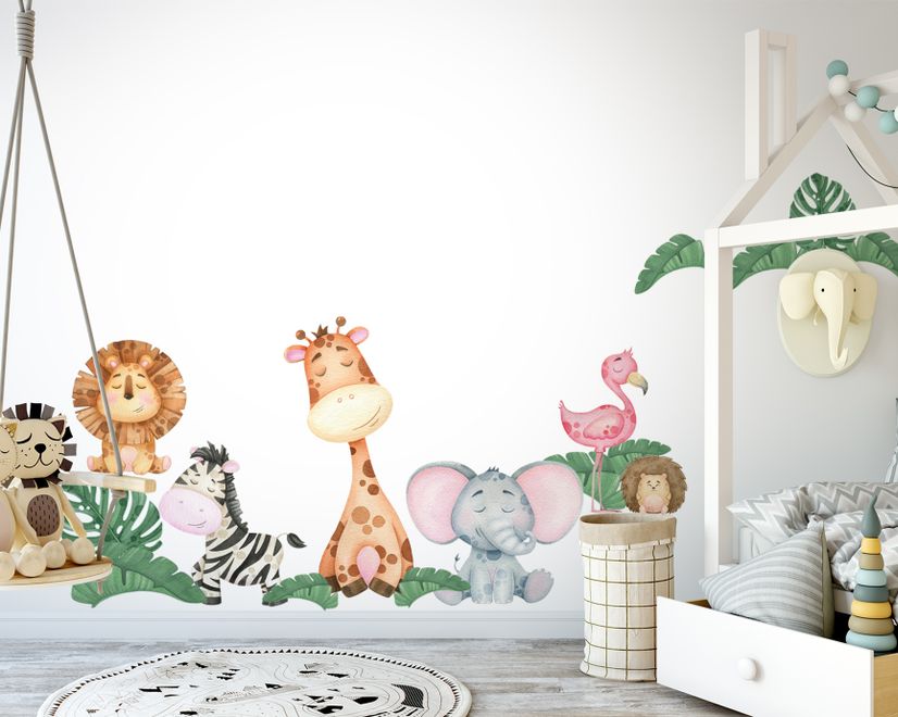 Kids Cute Forest Animal with Banana Leaves Wall Decal Sticker