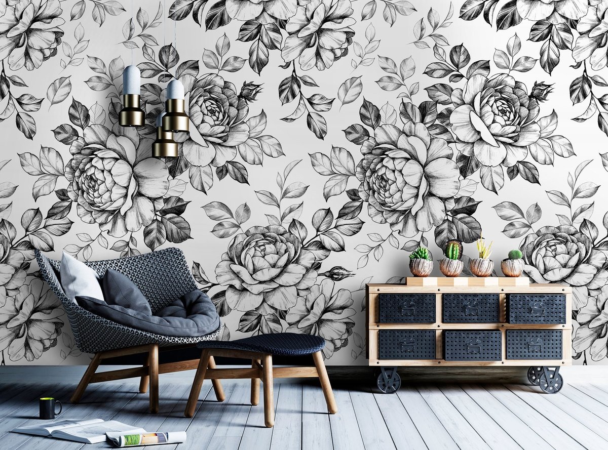 Black and White Flower Wallpaper Mural - Peel and Stick