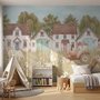 Watercolour rustic farmhouse wallpaper mural with horse, cow, llama, dog, tractor and cottage barns in a wheat meadow