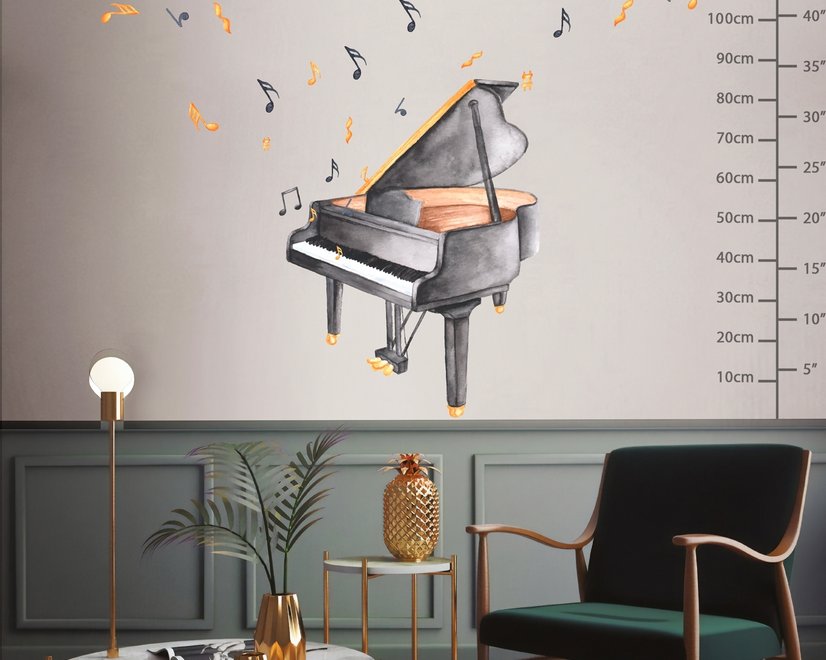 Aquarelle Piano et trompette avec notes de musique colorées Stickers muraux