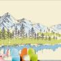 Charcoal Mountain Landscape with Lake and Pine Trees Wallpaper Mural