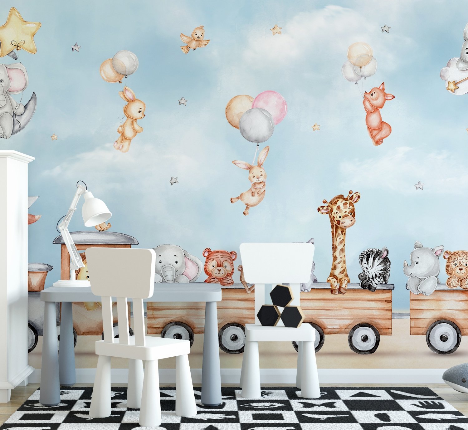 Cute Kids Animals on Train Wallpaper Mural - Peel and Stick