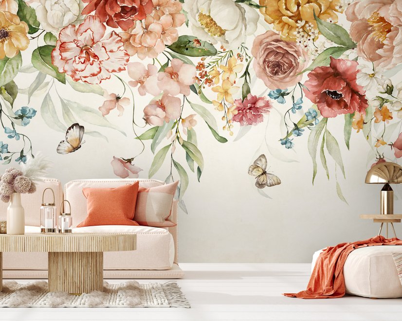 Papier peint panoramique floral d'été, aquarelle colorée, fleurs, etc