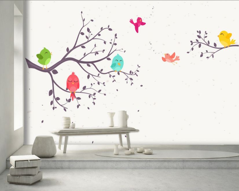 Kinder Cartoon Baum mit Bunten Singvögeln Fototapete