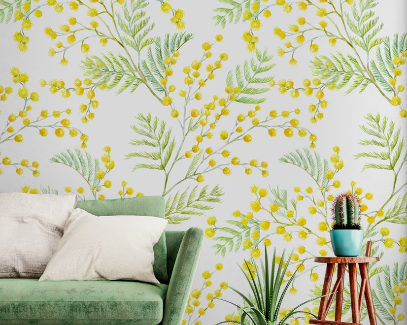 Papier peint panoramique floral aux herbes jaunes