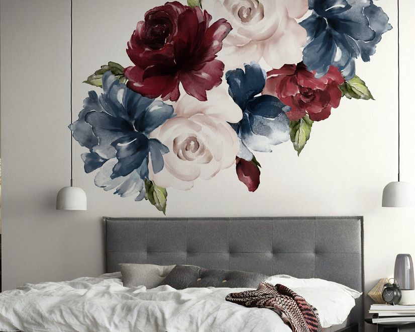 Dark Blue Red Peony Floral Bouqet Wall Decal Sticker