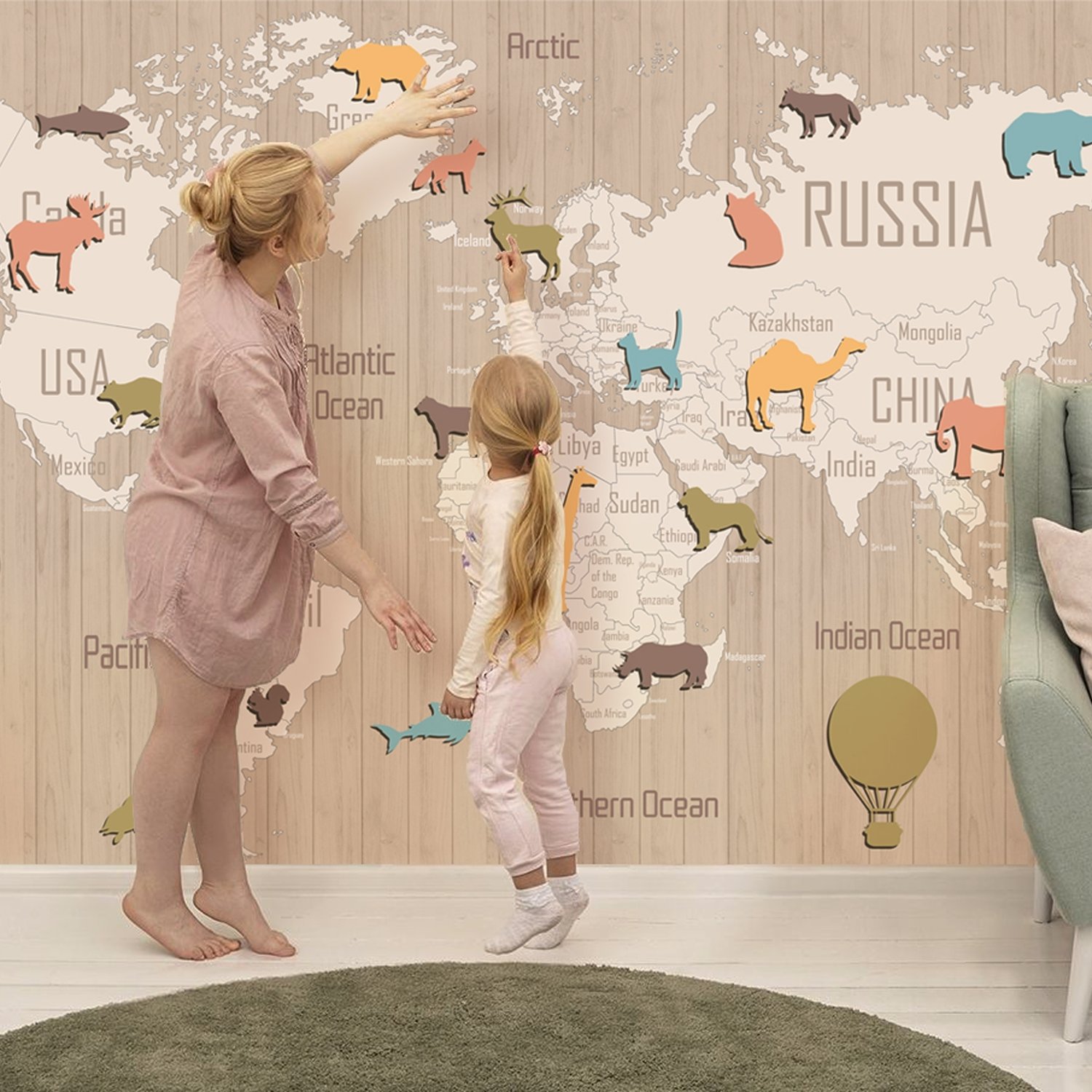 Kids Wooden Style World Map with Colorful Animal Silhouette Wallpaper Mural - Peel and Stick