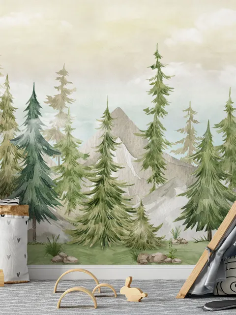 Watercolor Pine Tree Kids Nursery Forest Wallpaper Mural