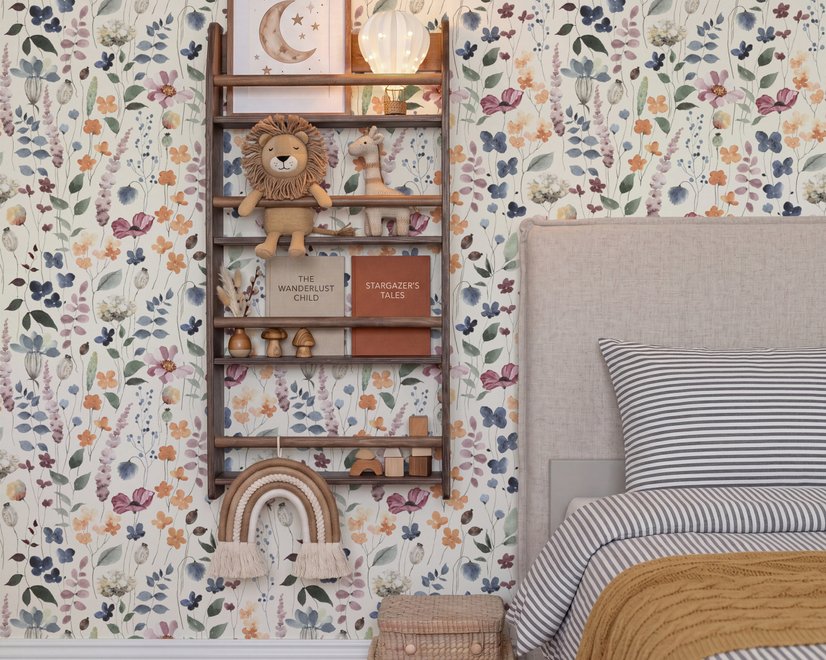 Watercolour floral wallpaper repeat with navy, blue, blush and peach wildflowers on warm cream
