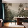 Misty tropical forest wallpaper with palms, pale river and hazy hills in muted green sepia
