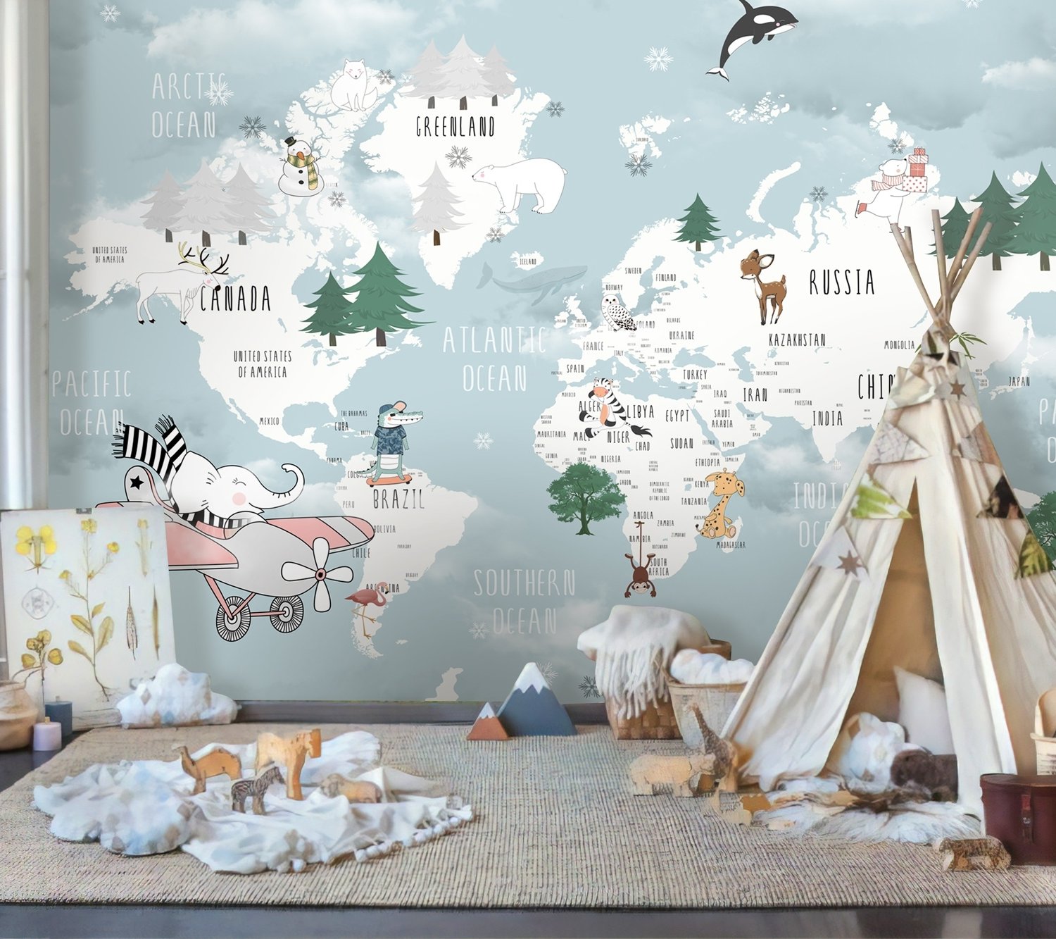 Kids Blue World Map with Cute Animals with Flying Elephant Wallpaper Mural - Peel and Stick