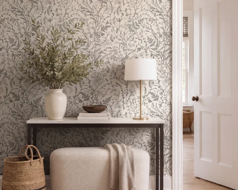 Black outline botanical wallpaper with charcoal wildflowers and grasses on a warm ivory cream ground