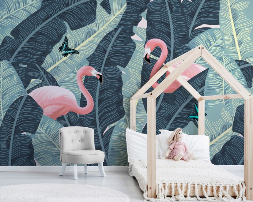 Tropical Banana Leaf with Pink Flamingo Wallpaper Mural