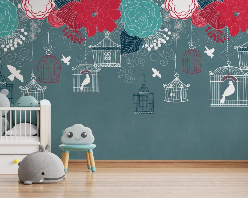 Cage Birds and Colorful Flowers Wallpaper Mural