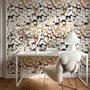 Zoomie kids wallpaper with painted dog breeds in tan, brown, black and grey on white