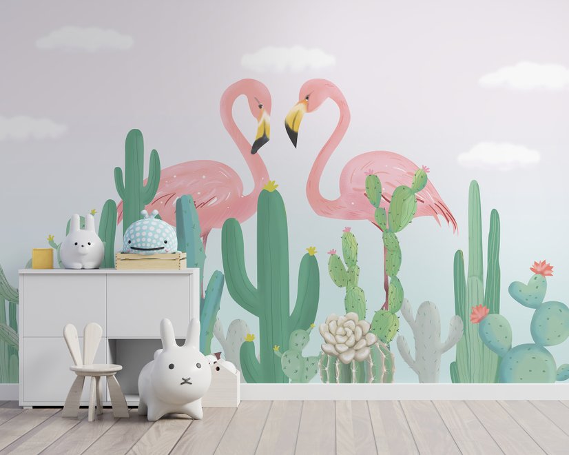 Fototapete Flamingo-Paar mit Kaktus
