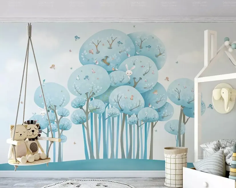 Watercolor Cartoon Blue Forest Landscape Wallpaper Mural