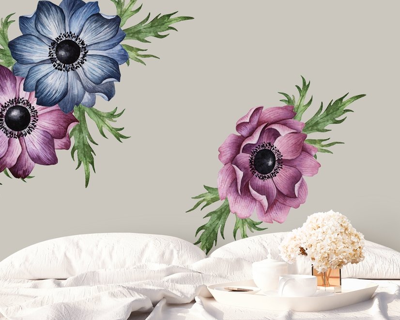 Watercolor Dark Blue Red Anemone Florals Wall Decal Sticker
