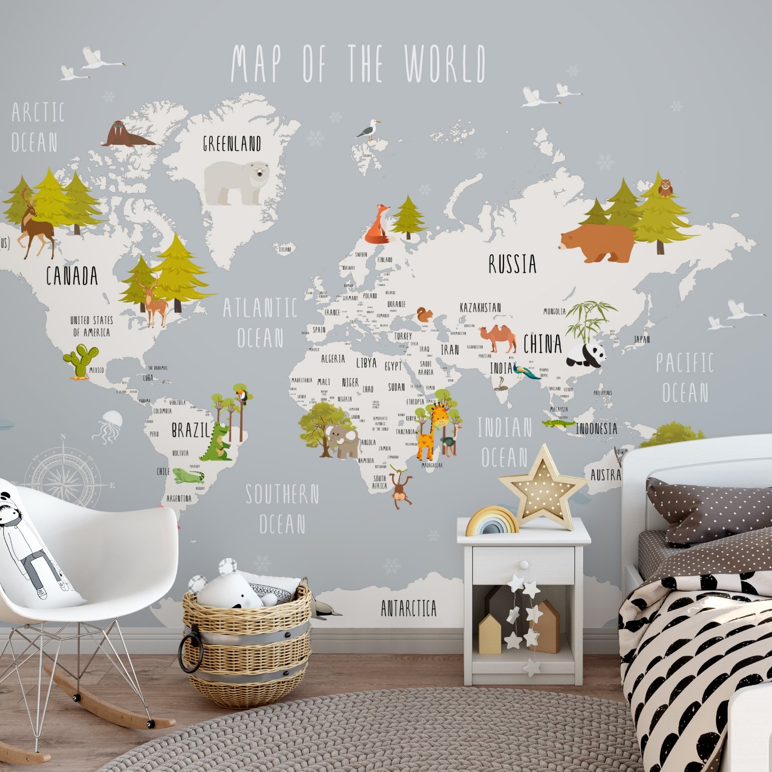 Kids World Map with Cartoon Animals Wallpaper Mural - Peel and Stick