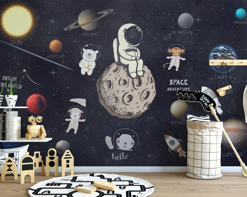 Fototapete Astronaut und Tiere im Weltraum für Kinder