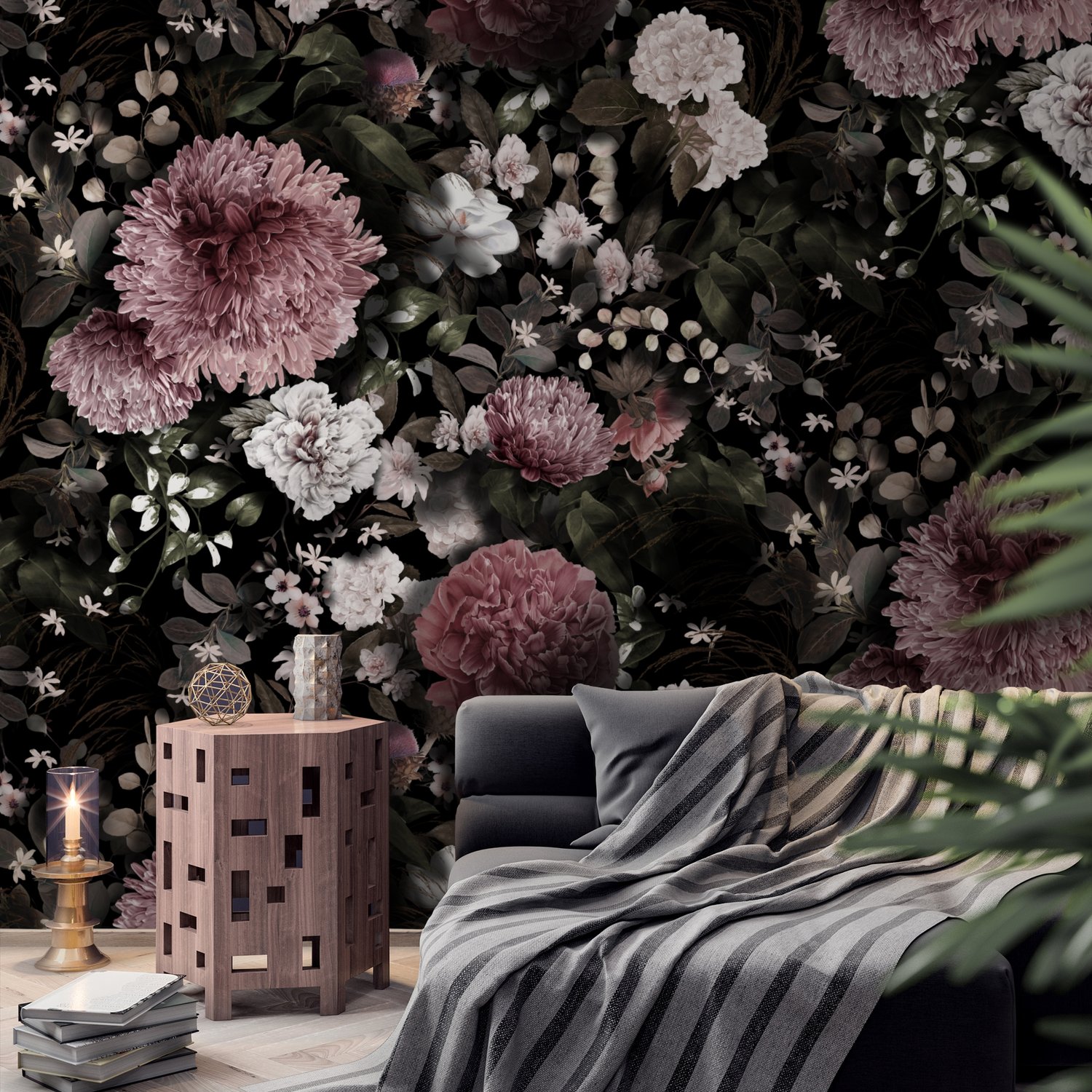 Dark Floral Pink Chrysanthemum and Green Leaves Wallpaper Mural - Peel and Stick